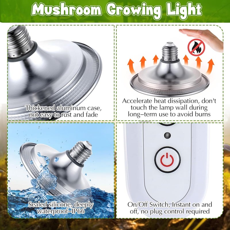 Meonum Mushroom Grow Light with 3/6/9 Hour Timer, 360° LED Hanging Grow Lights Bulb for Mushroom with 6.5ft Extension Cord, 6000K Blue&5000K White Lamp for Indoor Plants Growing Kit Supplies(2 Pack) - Image 5